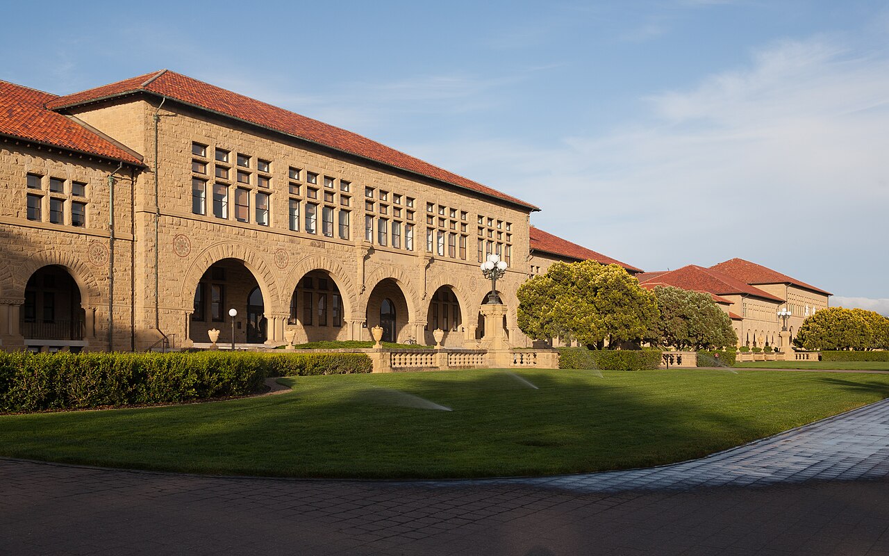 The Main Quad at Stanford University on a sunny day, a classic US college campus